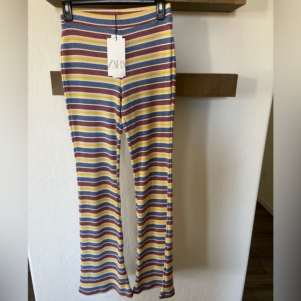 Zara| Beachy Knit Flare Pants in Neutral Stripes, Size Small, NWT•••Boho